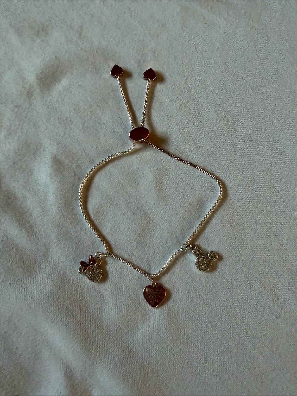Disney Mickey Mouse Silver Heart Charm Adjustable Bracelet w. Rose Gold Accents